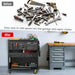 Before and after comparison of a garage with tools scattered and then organized with a storage cart and cabinets.