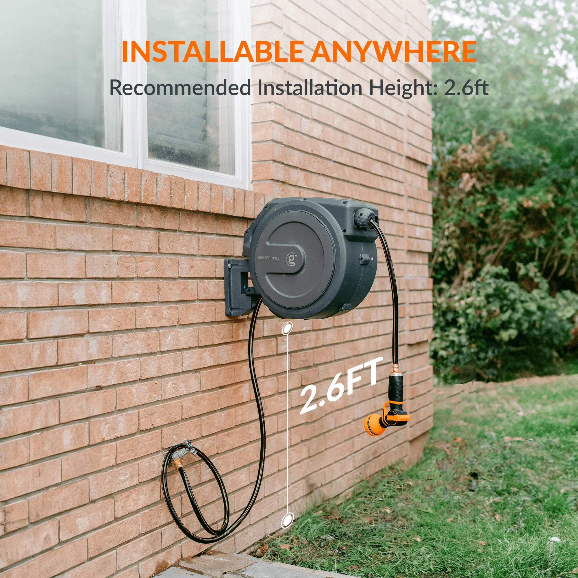 Giraffe Tools Retractable Garden Hose Reel featuring weather-resistant grey housing