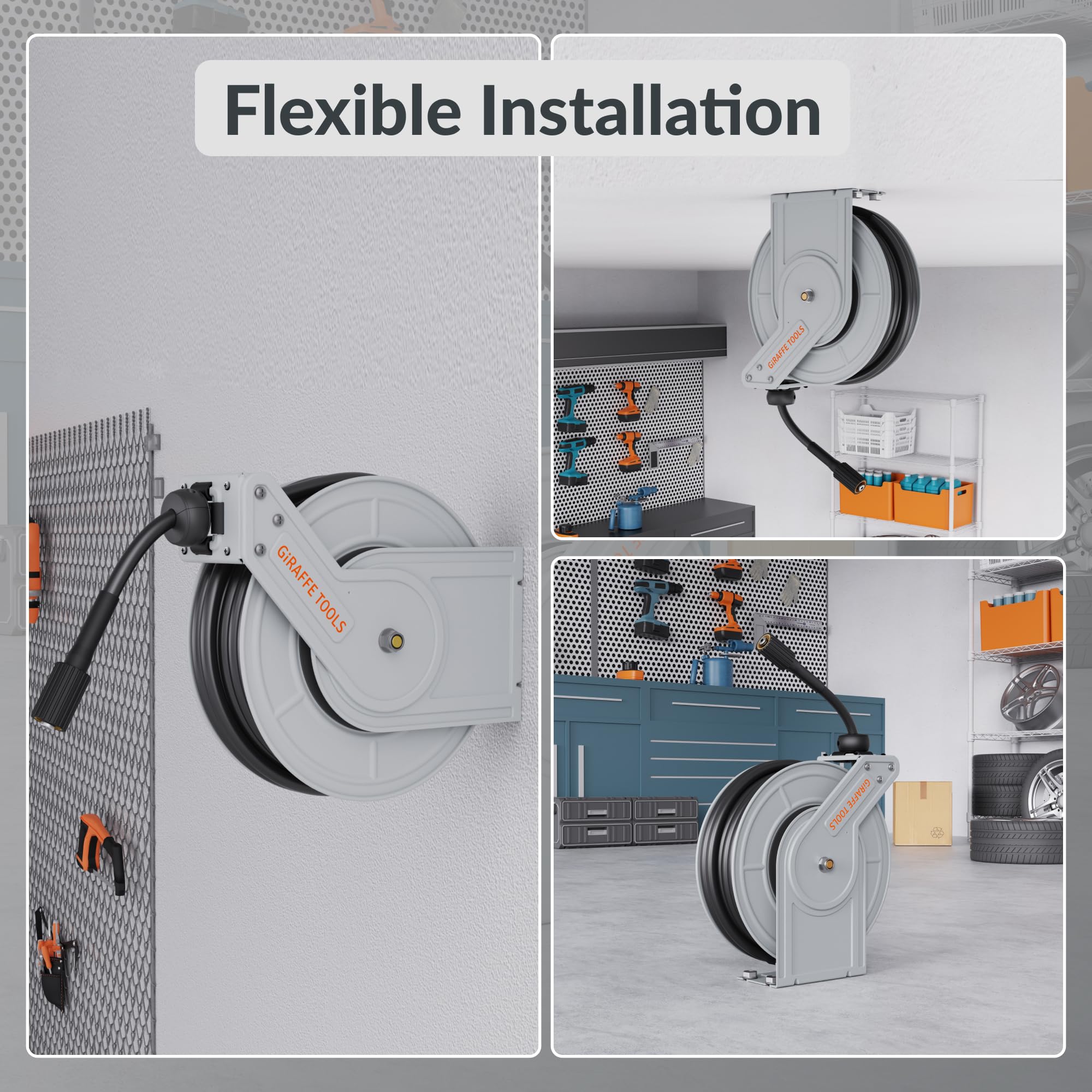 Giraffe Tools Retractable Pressure Washer Hose Reel - Steel Auto Rewind