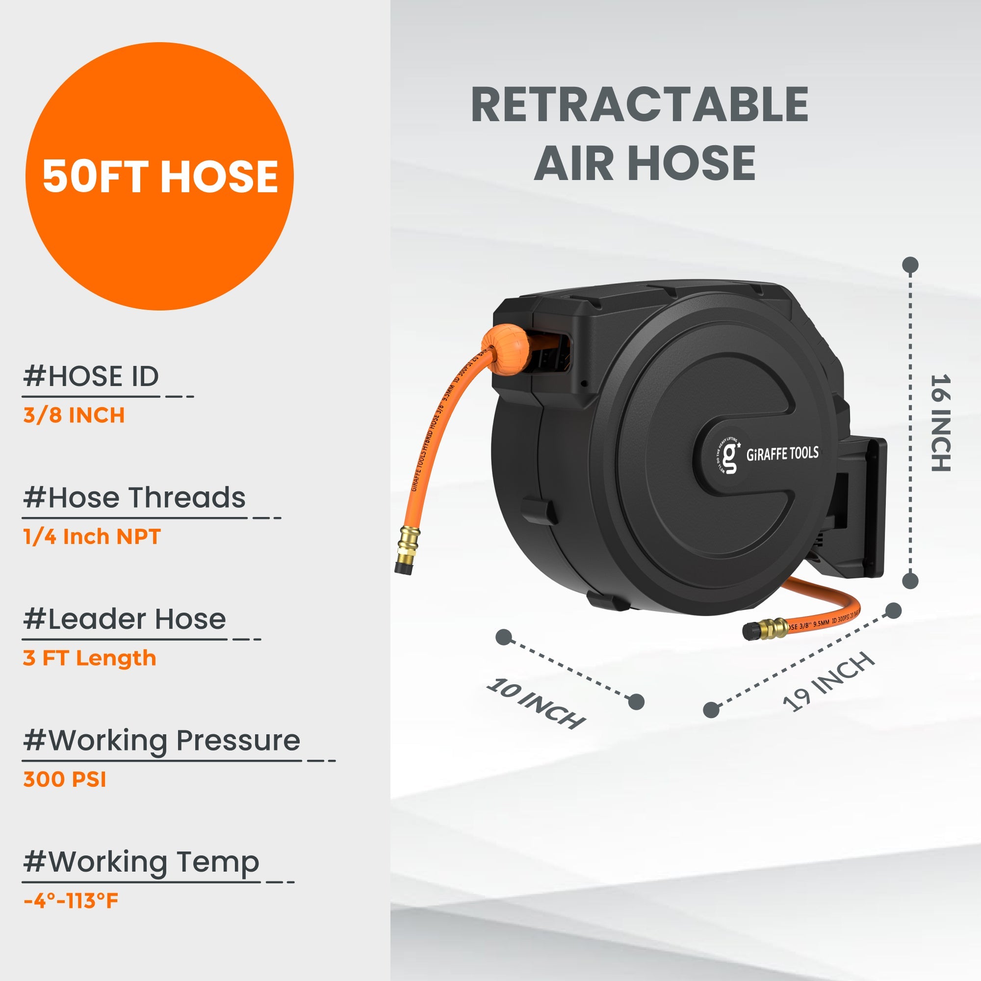 Giraffe Tools Retractable Air Hose Reel - Auto Rewind with 180° Swivel Bracket