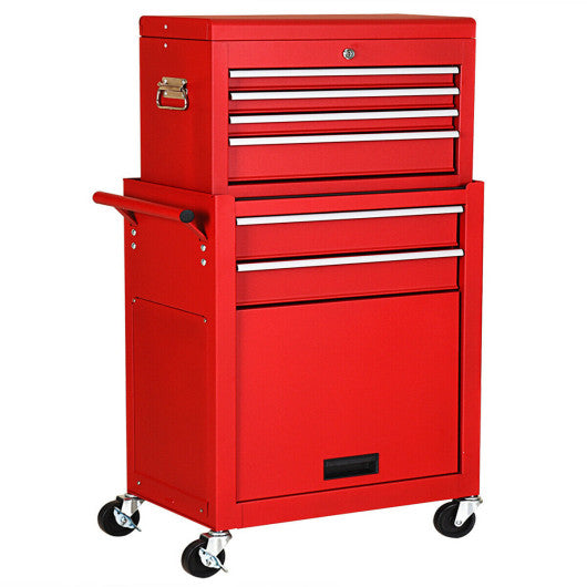 Red tool chest with multiple drawers on a white background
