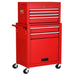 Red tool chest with multiple drawers on a white background