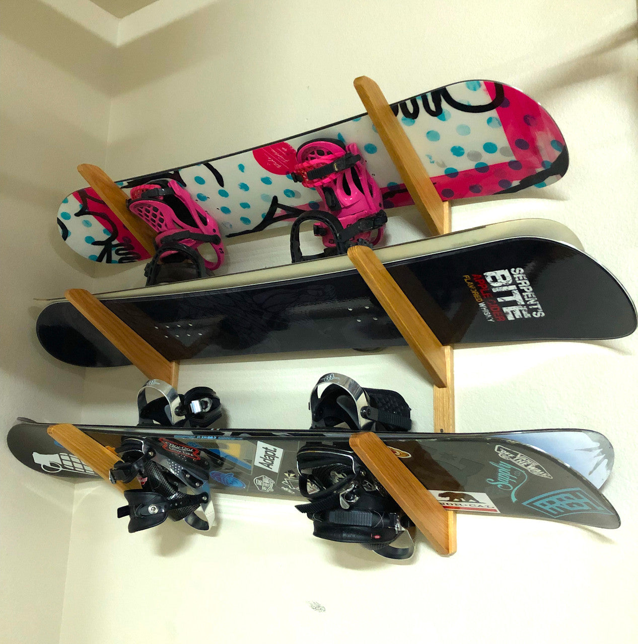 StoreYourBoard TidyTimber Snowboard Storage Wood Rack | Holds 3 Snowboards