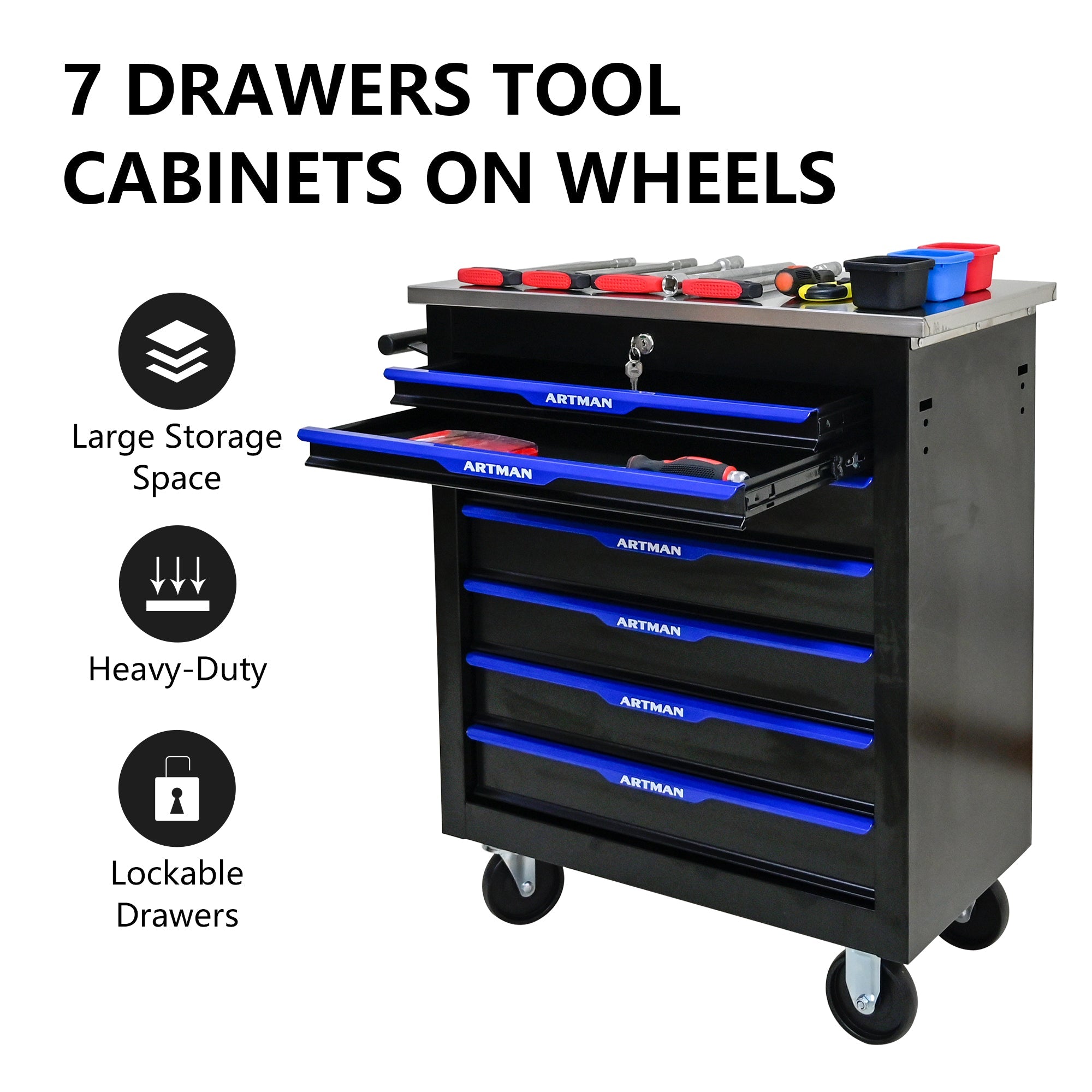 Artman 7-Drawer Mobile Tool Trolley with Stainless Steel Worktop (Black/Blue)