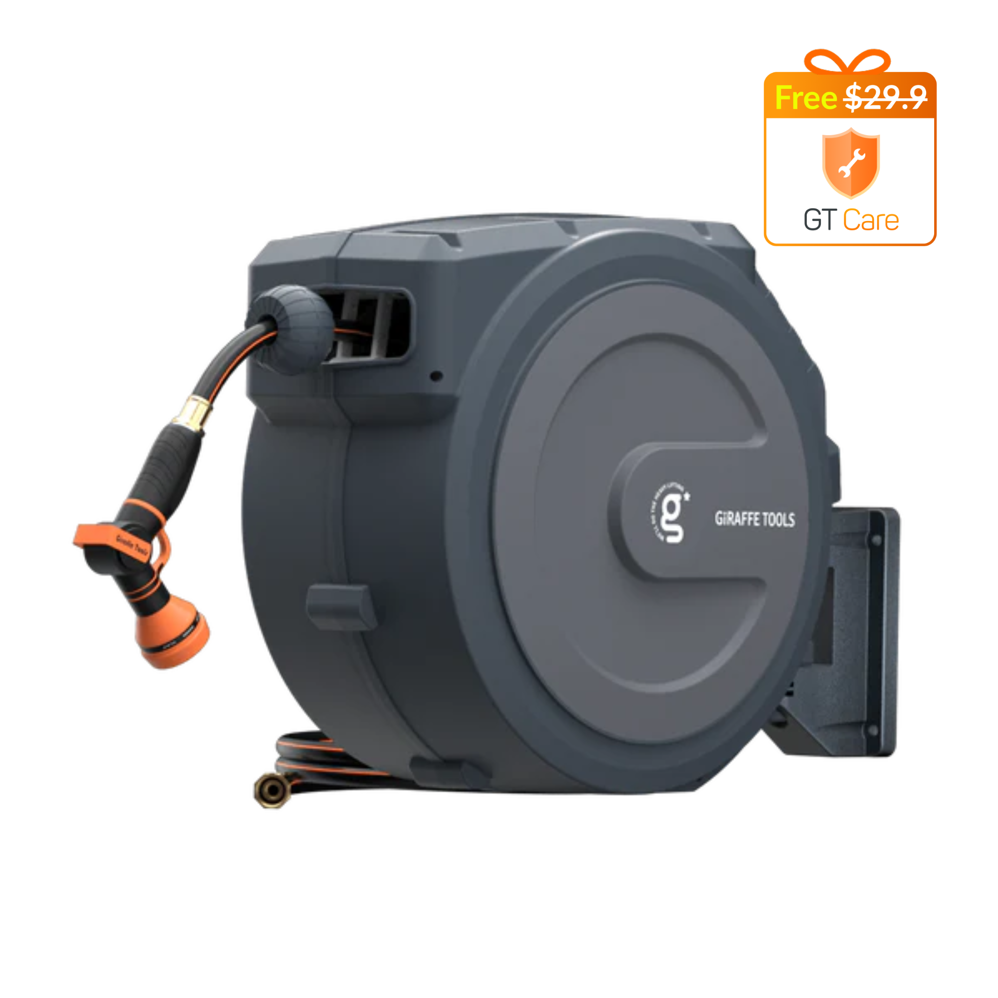 Giraffe Tools Retractable Garden Hose Reel 90ft with metal bracket in grey