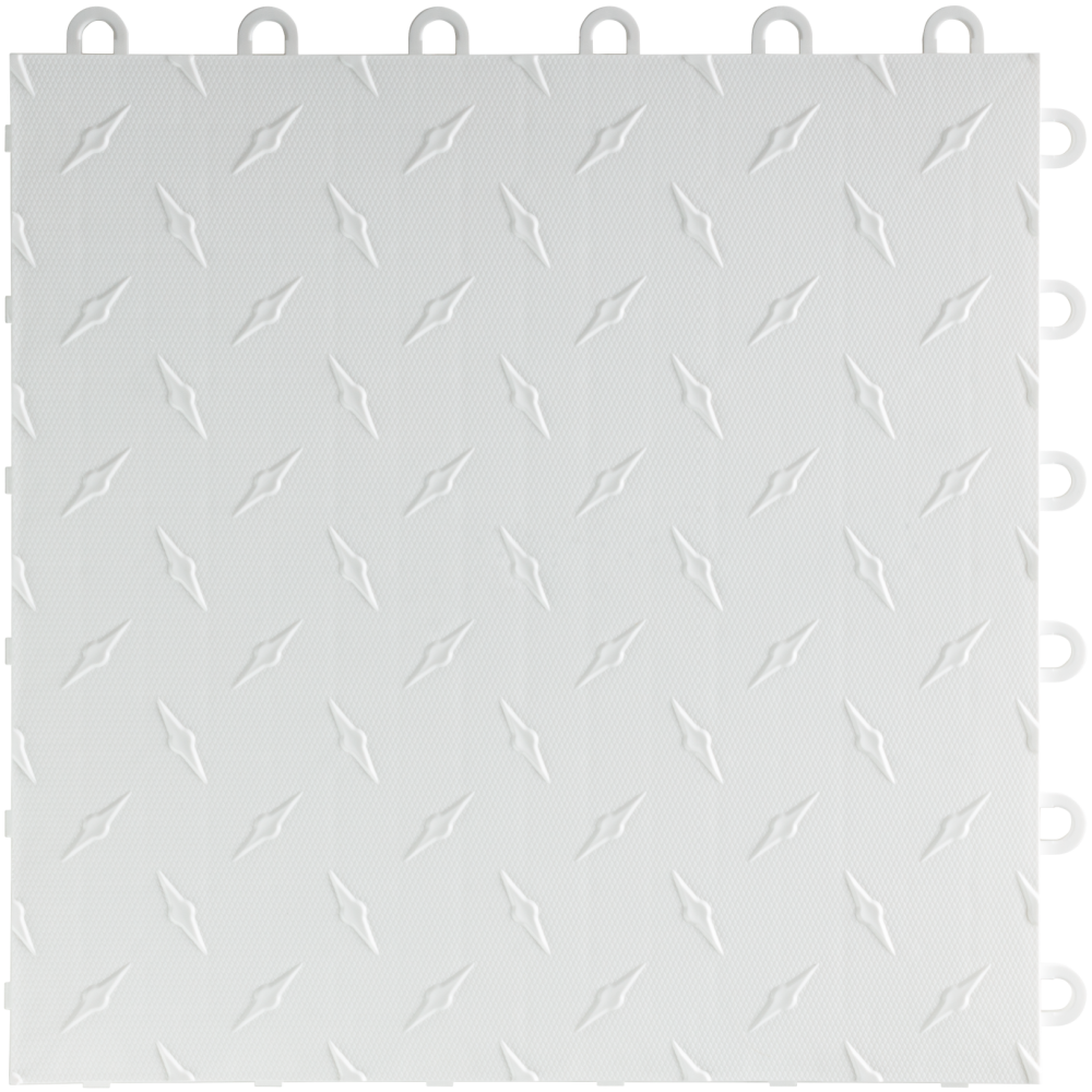 White interlocking foam floor tile with a diamond plate pattern