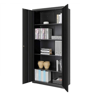 Black metal storage cabinet with open doors showing shelves and items on a white background