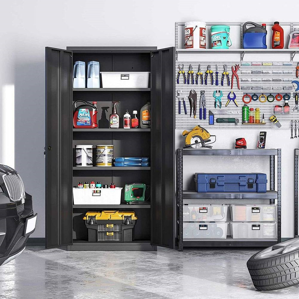 Garage storage system with cabinets and shelves filled with tools and supplies.
