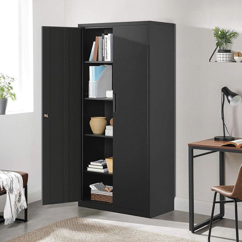 Black storage cabinet with open door in a room with a desk and chair.