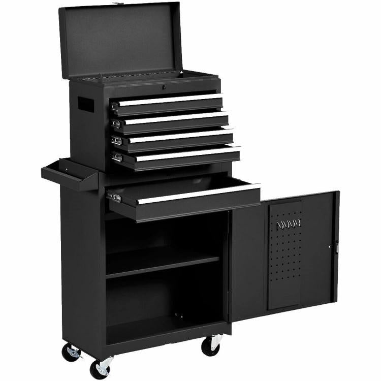 Black tool cabinet with multiple drawers and a door on a white background