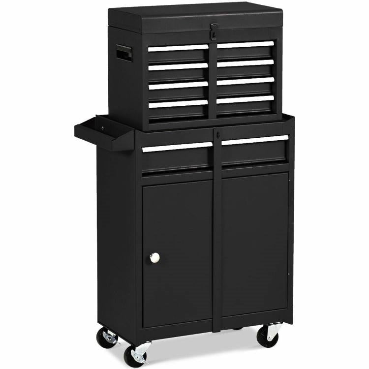 Black tool cabinet with multiple drawers and doors on a white background