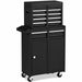 Black tool cabinet with multiple drawers and doors on a white background