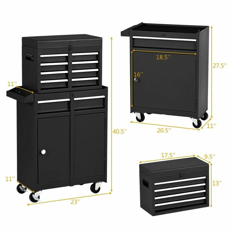 Black tool cabinet with dimensions displayed on a white background
