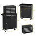 Black tool cabinet with dimensions displayed on a white background