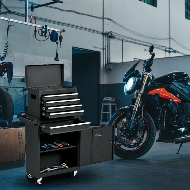 Tool chest with tools next to a motorcycle in a garage setting