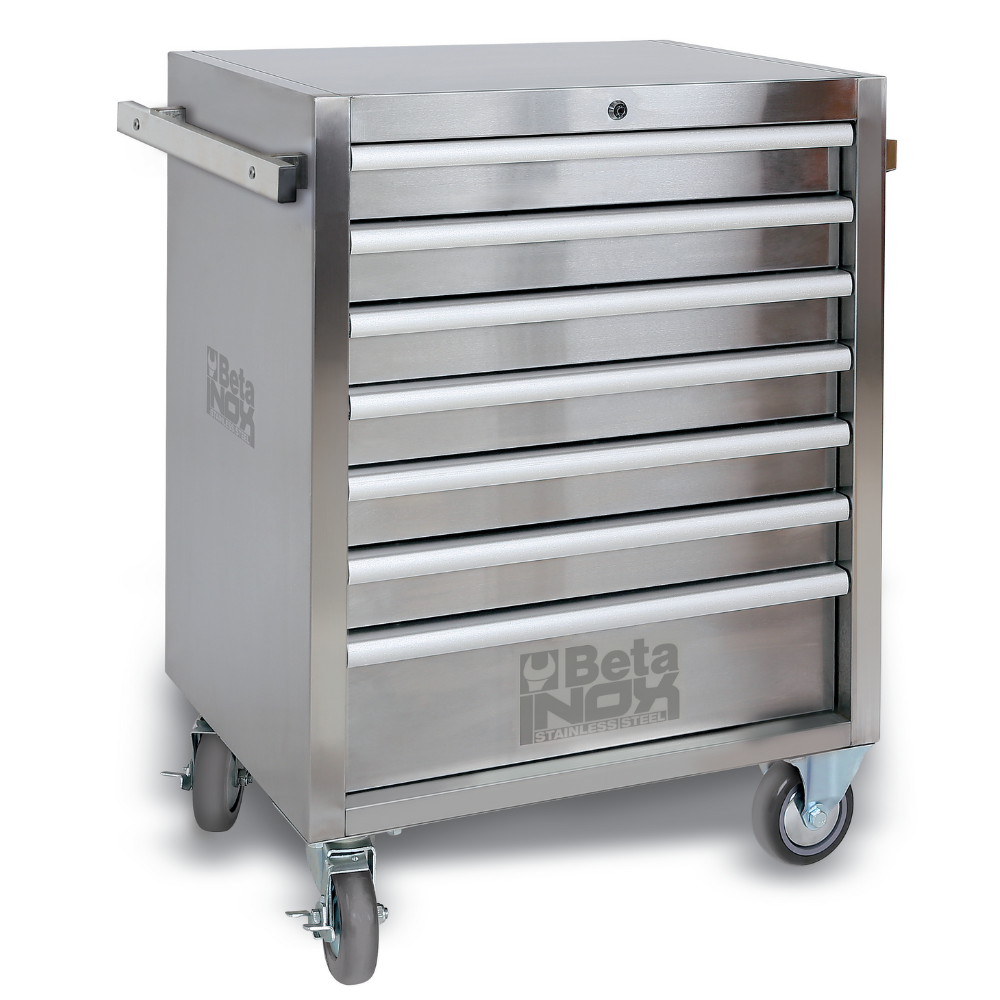 Stainless steel tool chest with multiple drawers on wheels, featuring the Beta Robin brand.