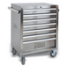 Stainless steel tool chest with multiple drawers on wheels, featuring the Beta Robin brand.