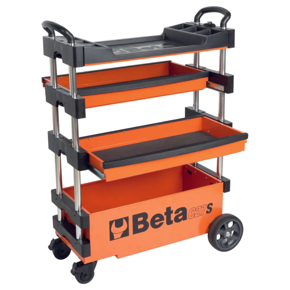 Orange and black tool cart with multiple shelves and a visible brand logo on a white background