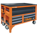 Orange and black tool cart with multiple drawers and wheels on a white background