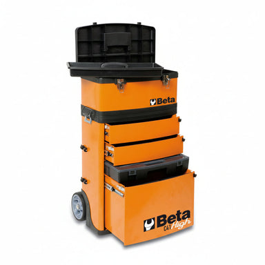 Orange tool cart with top open with black top and wheels, featuring Beta logo on a white background