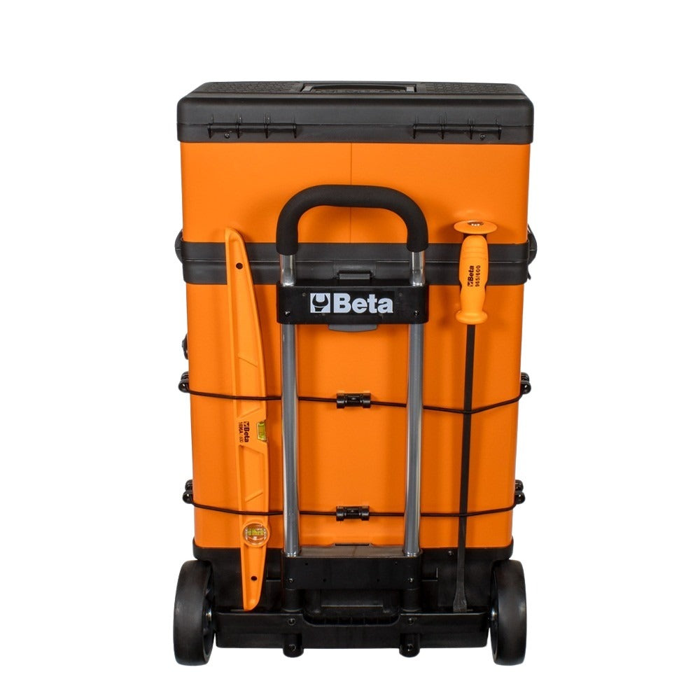 Rear view of Orange and black rolling toolbox with 'Beta' branding on a white background
