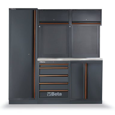 Gray storage cabinet with multiple drawers and doors on a white background, featuring the Beta brand.