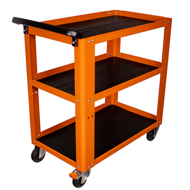Orange service cart with 3 black shelves on a white background