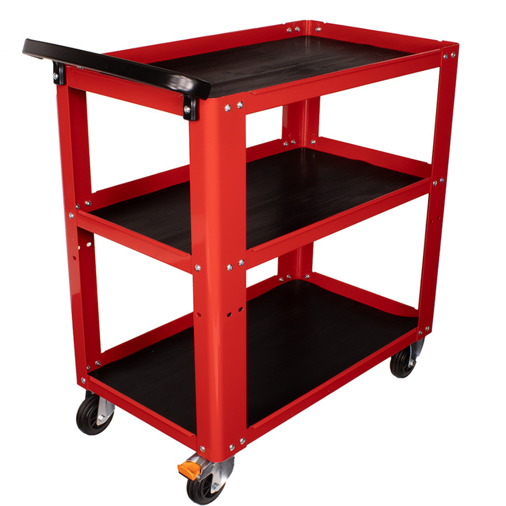 Red tool cart with 3 black shelves on a white background