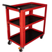 Red tool cart with 3 black shelves on a white background