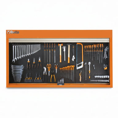 Wall-mounted tool organizer with various tools on a black pegboard against an orange background
