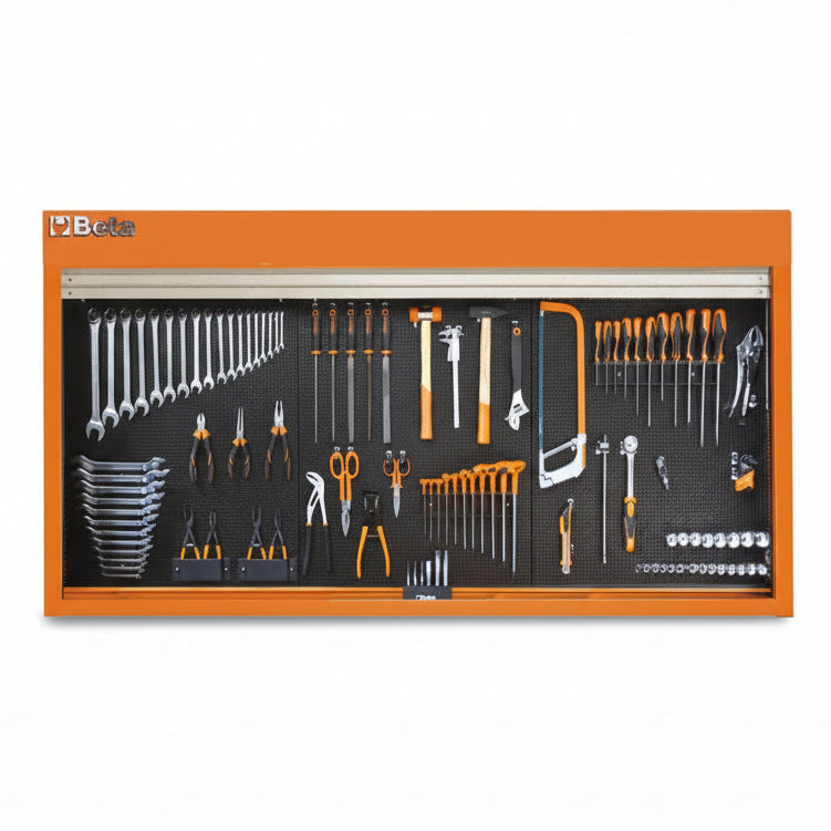 Wall-mounted tool organizer with various tools on a black pegboard against an orange background