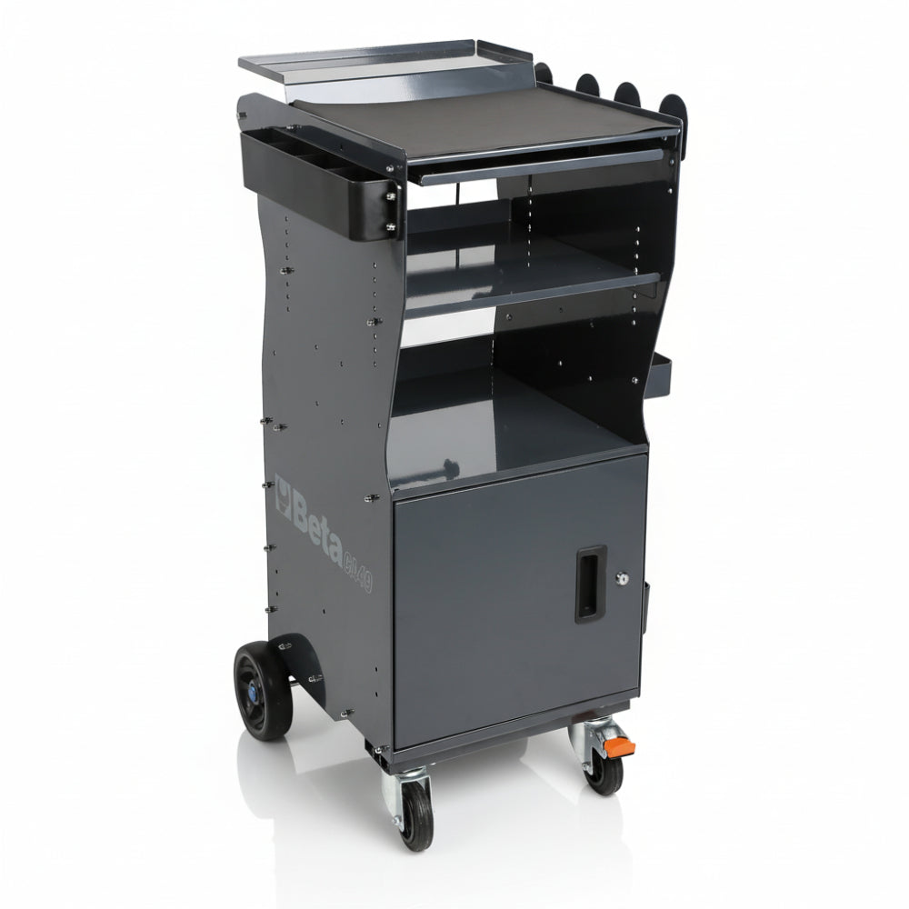 Gray rolling workbench with shelves and a tray on wheels, featuring the brand 'Beta'.