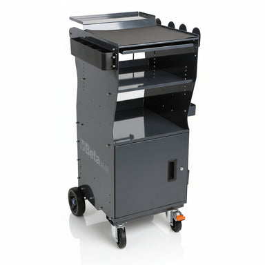 Gray rolling workbench with shelves and a tray on wheels, featuring the brand 'Beta'.