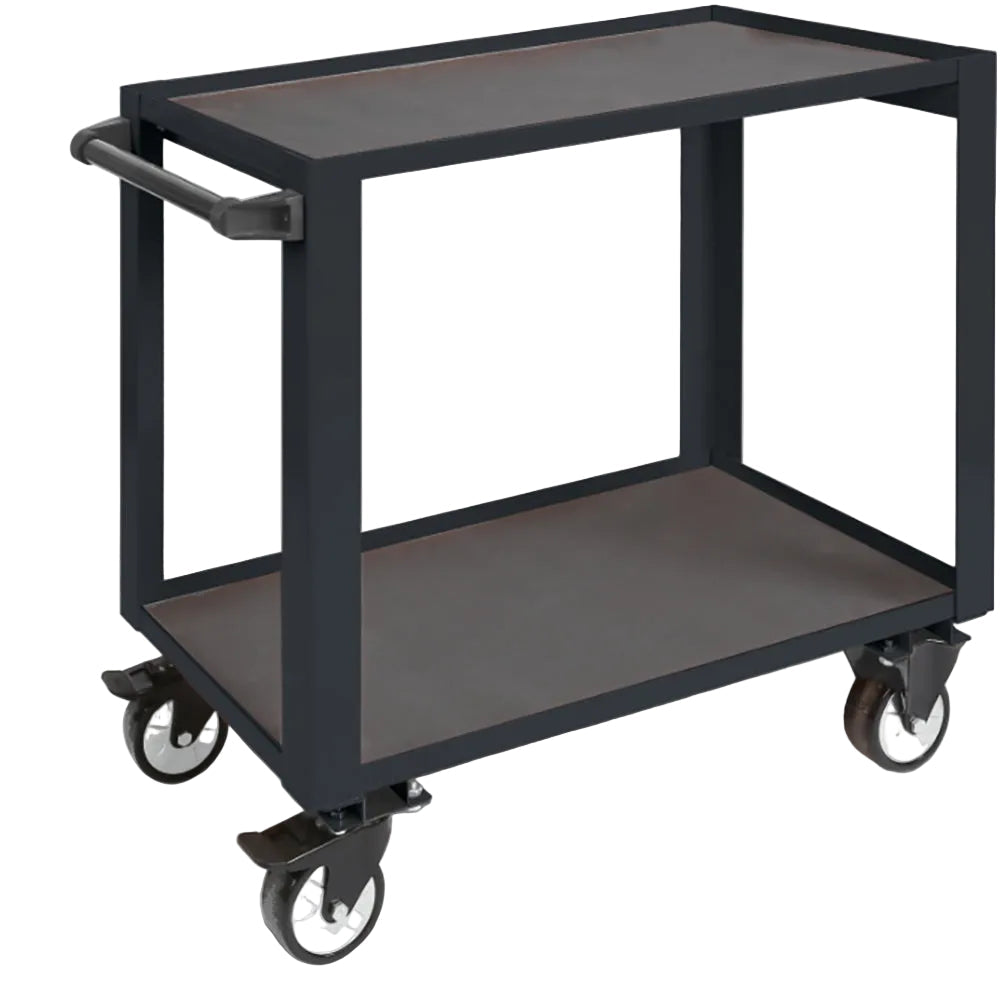 Grey metal utility cart with two shelves on a white background