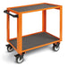 Orange metal cart with two shelves on a white background