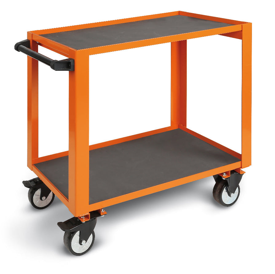 Orange metal cart with two shelves on a white background
