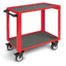 Red utility cart with 2 grey shelves on a white background