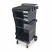 Black rolling cart with multiple shelves and a top platform on a white background