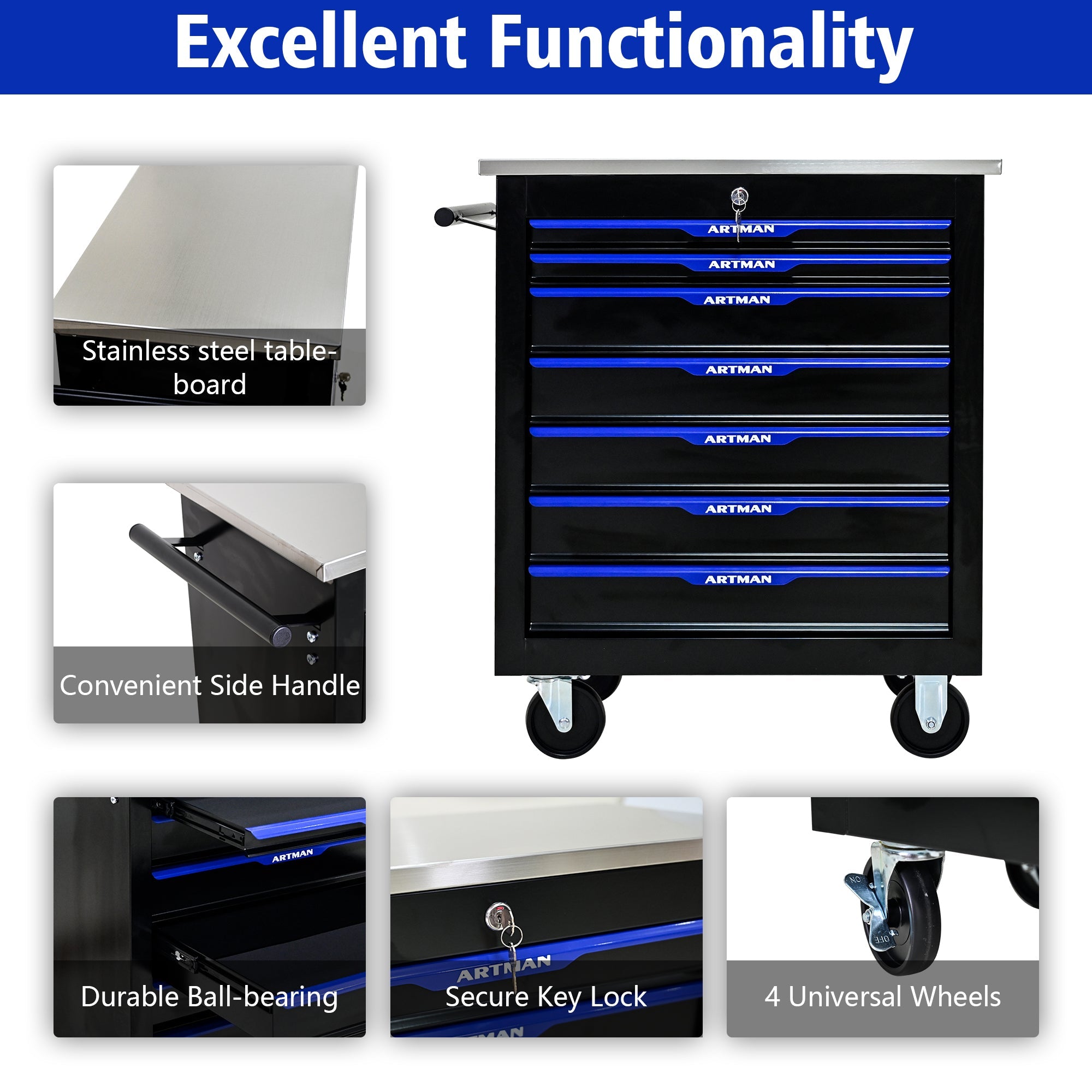 Artman 7-Drawer Mobile Tool Trolley with Stainless Steel Worktop (Black/Blue)