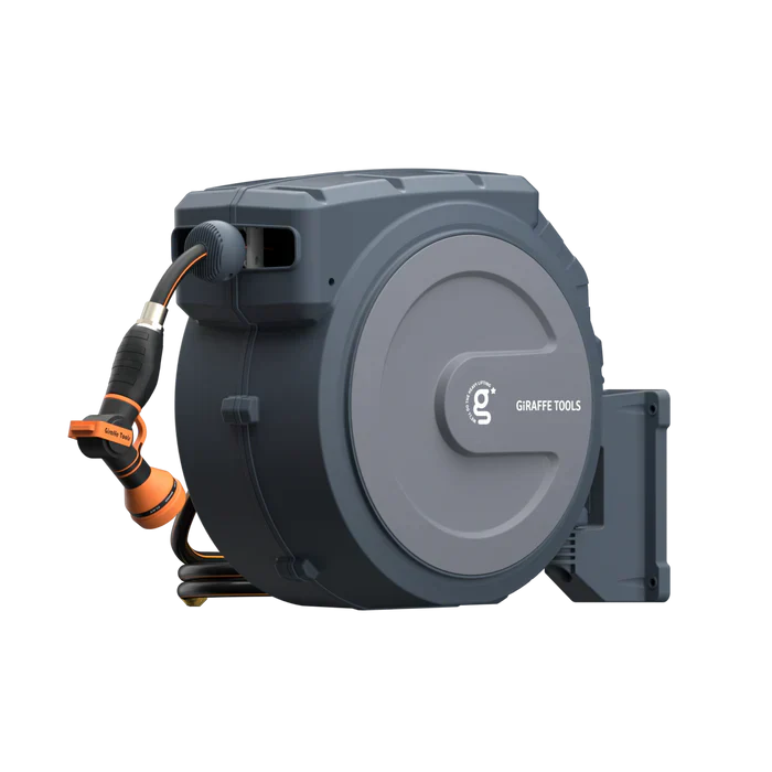 Giraffe Tools Retractable Garden Hose Reel lifestyle image in a modern patio