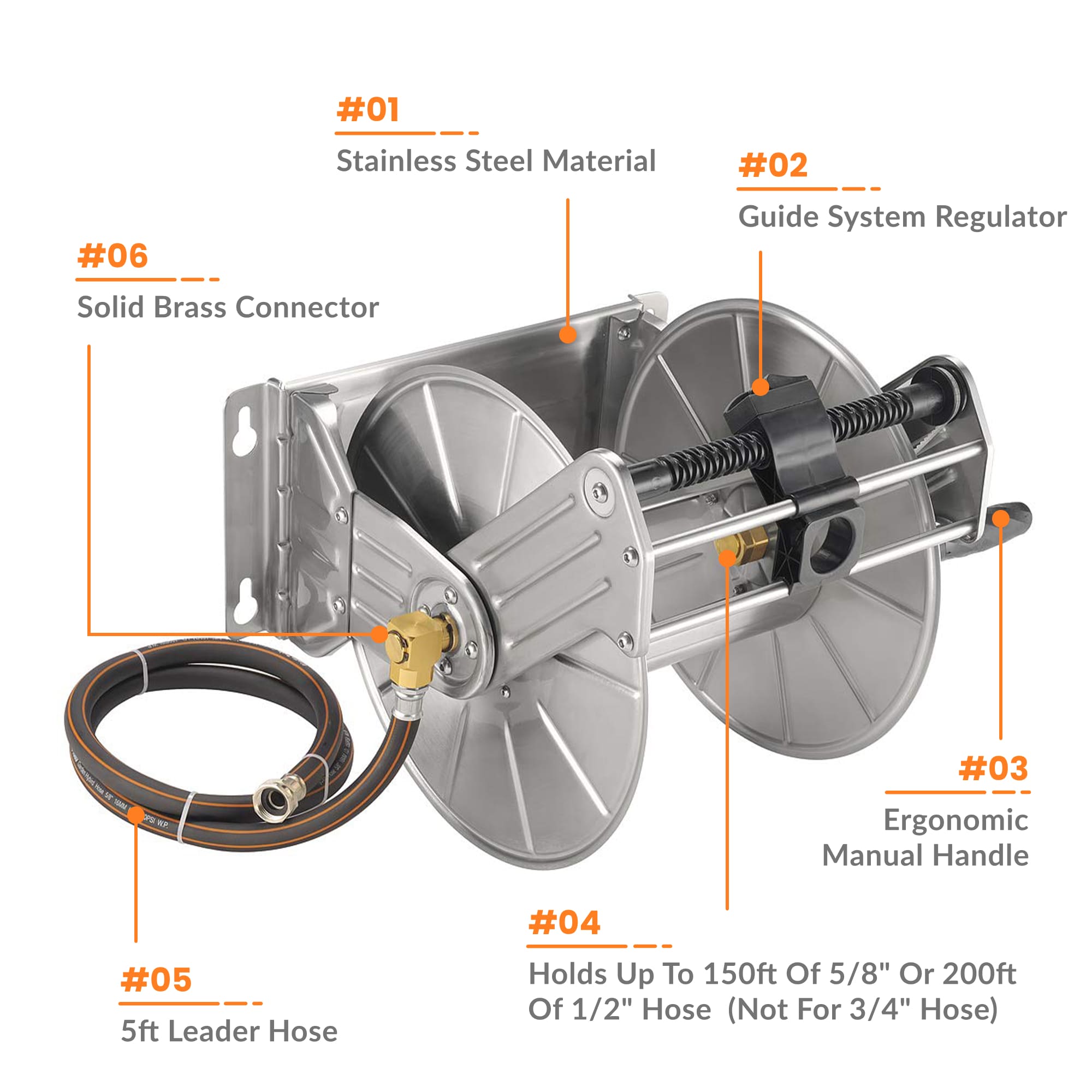 Giraffe Tools Wall Mounted Hose Reel - 304 Stainless Steel 200ft Capacity