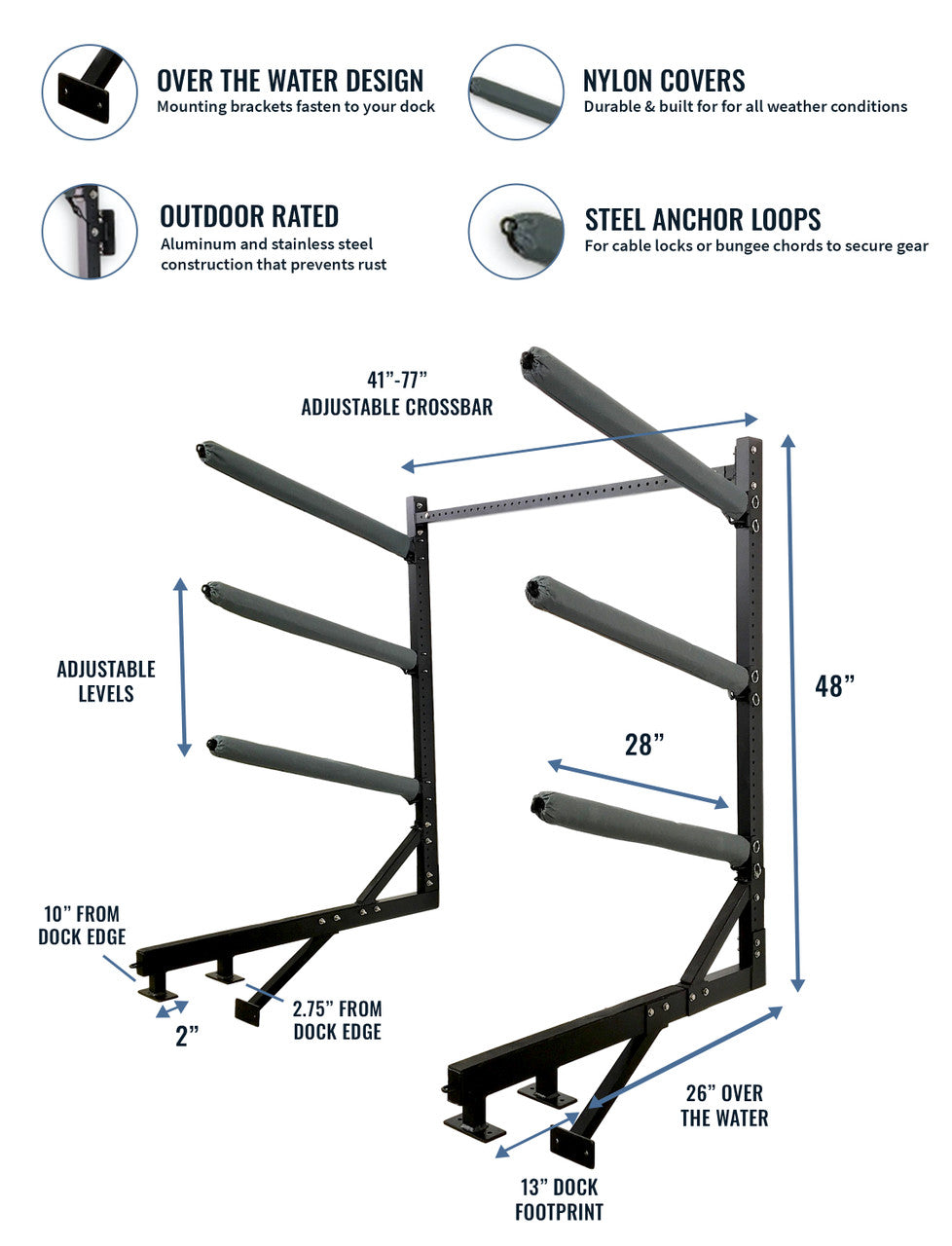 StoreYourBoard Chesapeake Kayak Storage | Adjustable Dock Rack | Over The Water | 4 Levels