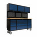 Black and blue tool cabinet with multiple drawers and cabinets on a white background