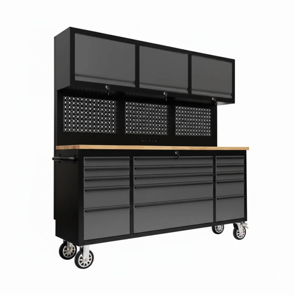 Black tool cabinet with multiple drawers and a wooden top on a white background