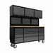 Black tool cabinet with multiple drawers and a wooden top on a white background