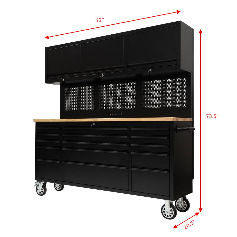 Black garage storage cabinet with workbench and dimensions indicated