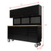 Black garage storage cabinet with workbench and dimensions indicated
