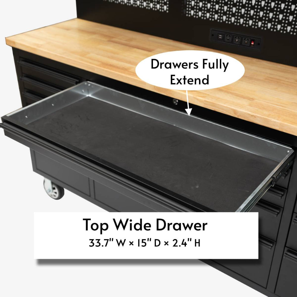 Black wide drawer extension on a workbench with dimensions displayed