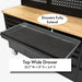 Black wide drawer extension on a workbench with dimensions displayed