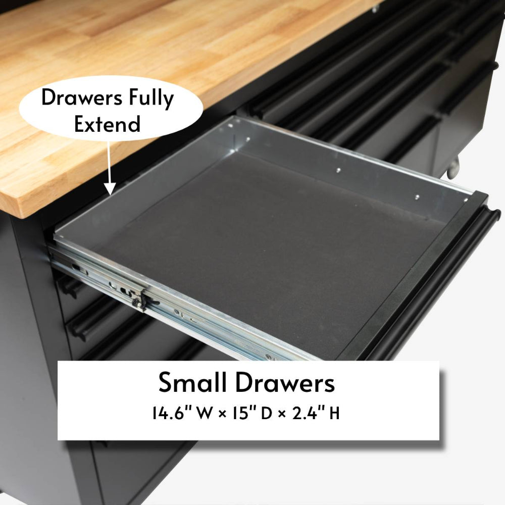 Open small drawer on a workbench with dimensions displayed